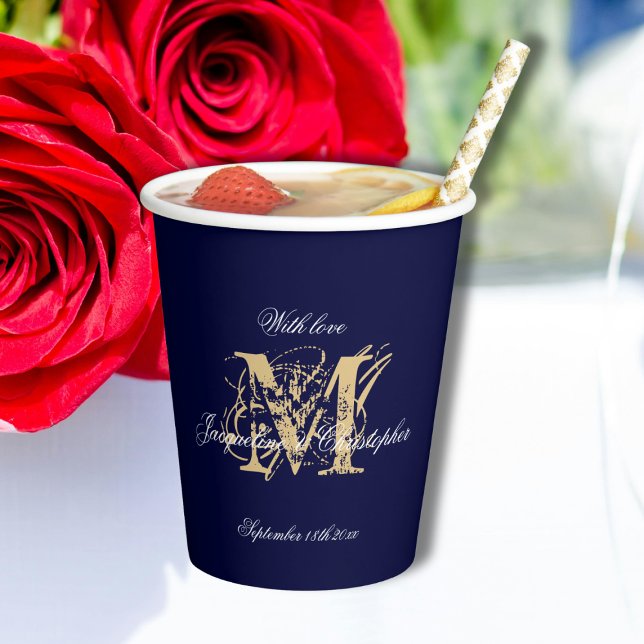Elegante Monogram Chic Script Navy Blue Wedding Pappbecher (For an Elegant Wedding - Chic Script Monogram, Navy Blue, White and Gold Paper Cups.)