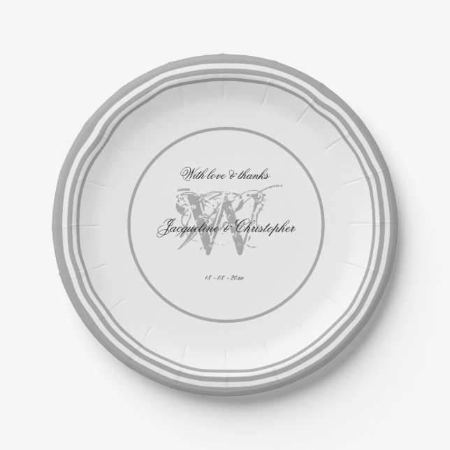 Elegante Monogram Chic Script White Silver Wedding Pappteller (Vorderseite)