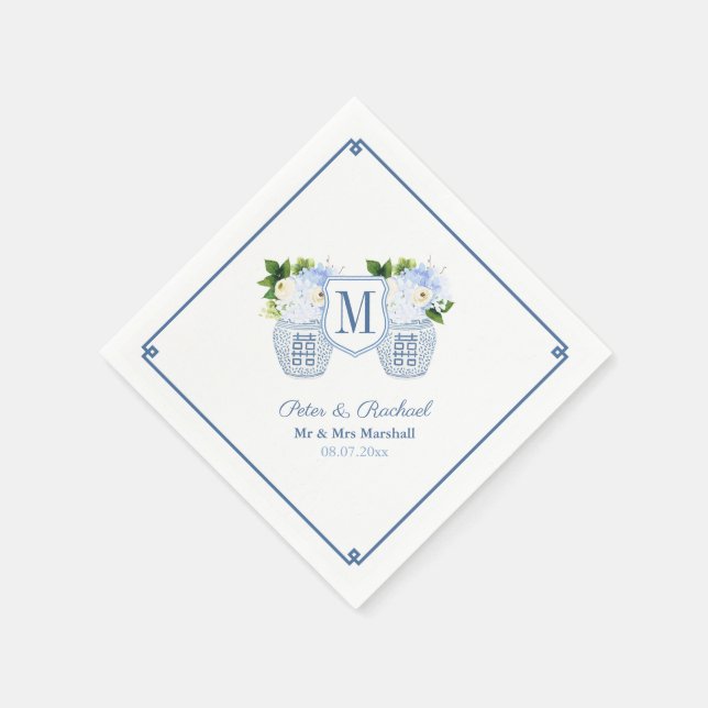 Elegante Monogram Chinoiserie Hochzeitsempfehlung Serviette (Ecke)