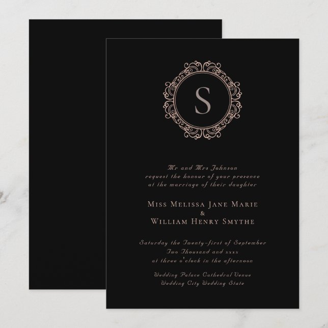 Elegante Monogram Copper Blush Black Wedding Einladung (Vorne/Hinten)