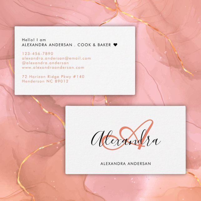 Elegante Monogram Coral Pink Black Script Name Visitenkarte (Elegant Monogram Coral Pink Black Script Name Business Card)
