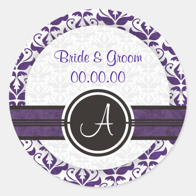 Elegante Monogram Damask Save the Date Stickers (Vorderseite)