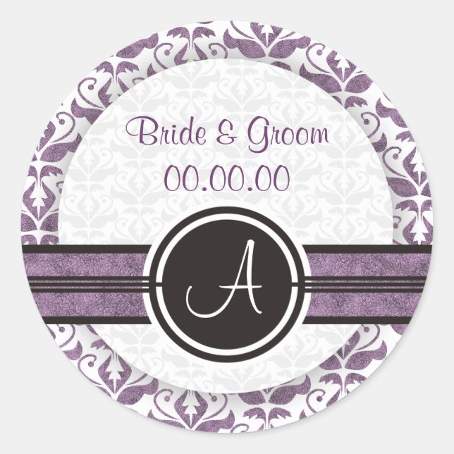 Elegante Monogram Damask Save the Date Stickers (Vorderseite)