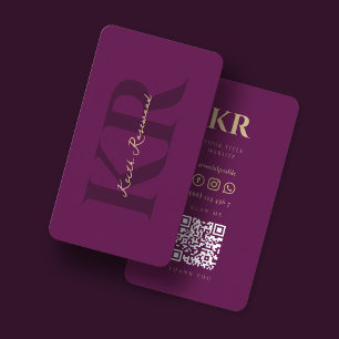 Elegante Monogram Dark Lila QR Code Social Media Visitenkarte