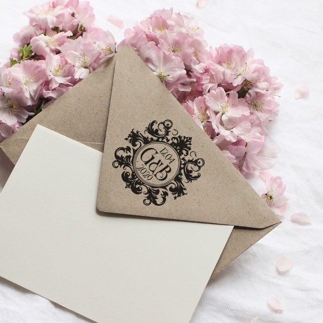 Elegante Monogram & Date Wedding Rubber Briefmarke Gummistempel (elegant monogram stamp with custom initials and date)