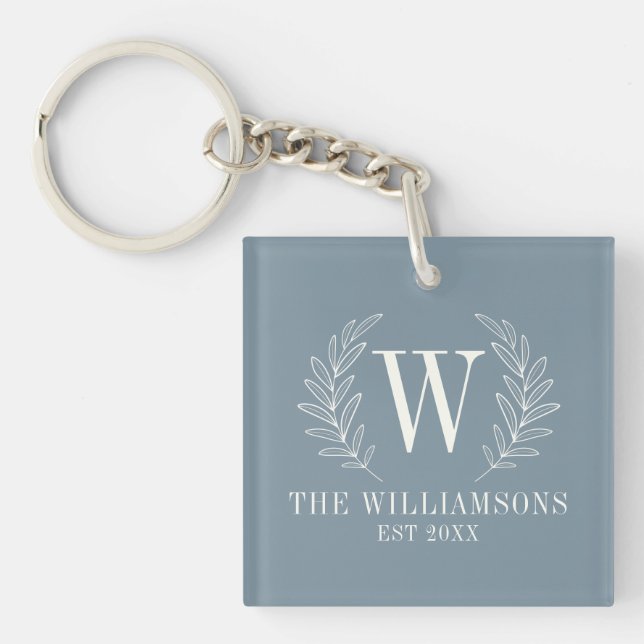 Elegante Monogram Dusty Blue Familienname Schlüsselanhänger (Vorderseite)