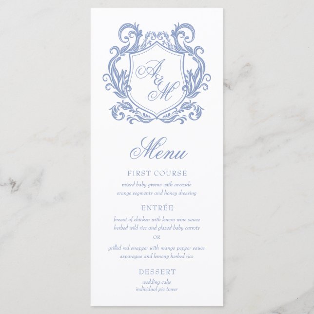 Elegante Monogram Dusty Blue Wappen Wedding Menükarte (Vorderseite)