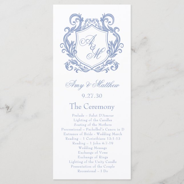 Elegante Monogram Dusty Blue Wappen Wedding Programm (Vorderseite)