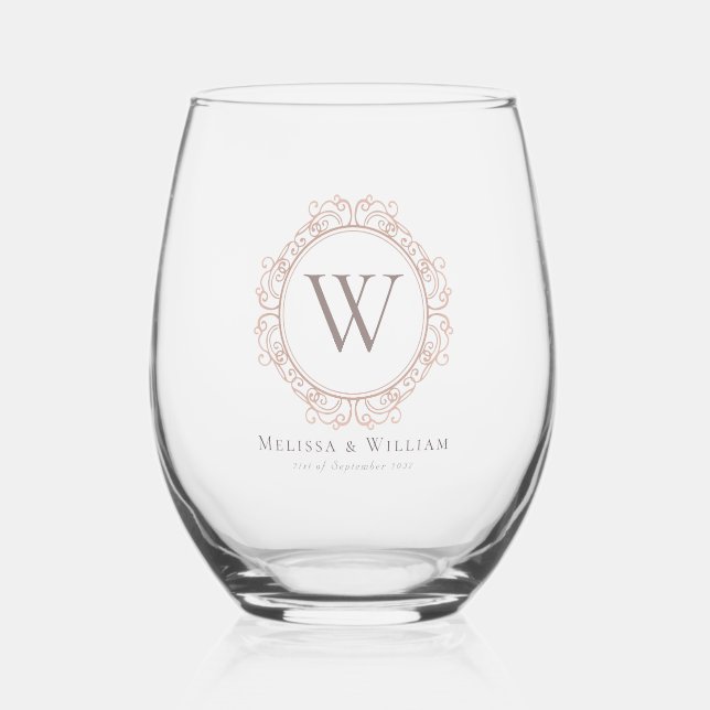 Elegante Monogram Dusty Blush Classic Wedding Weinglas Ohne Stiel (Vorderseite)