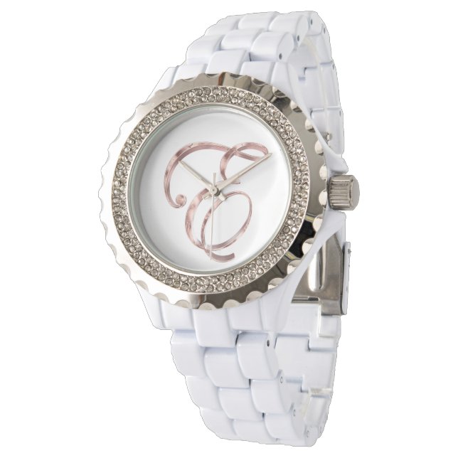 Elegante Monogram E Rose Gold Armbanduhr (Schrägansicht)