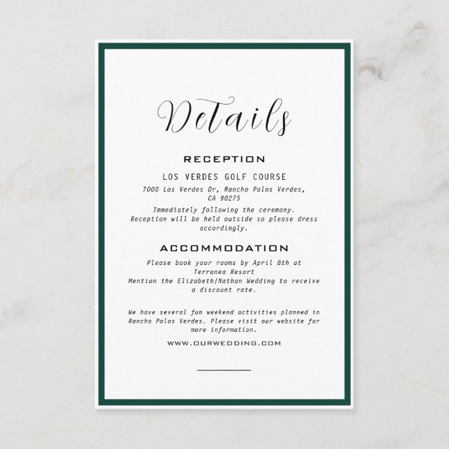 Elegante Monogram Emerald Green Wedding Details Begleitkarte (Vorderseite)