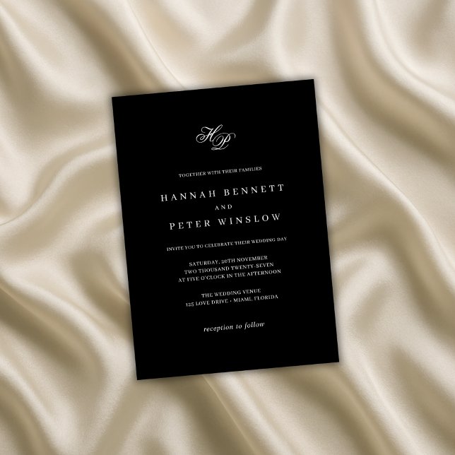 Elegante Monogram Erstklassige Schwarz-Weiß-Hochze Einladung (Von Creator hochgeladen)