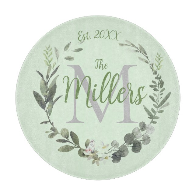 Elegante Monogram Familienname Foilage Schneidebrett (Vorderseite)