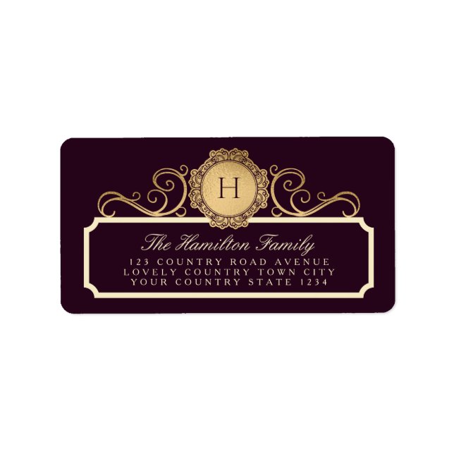 Elegante Monogram Family Burgundy Plum Gold-Adress Adressaufkleber (Vorne)