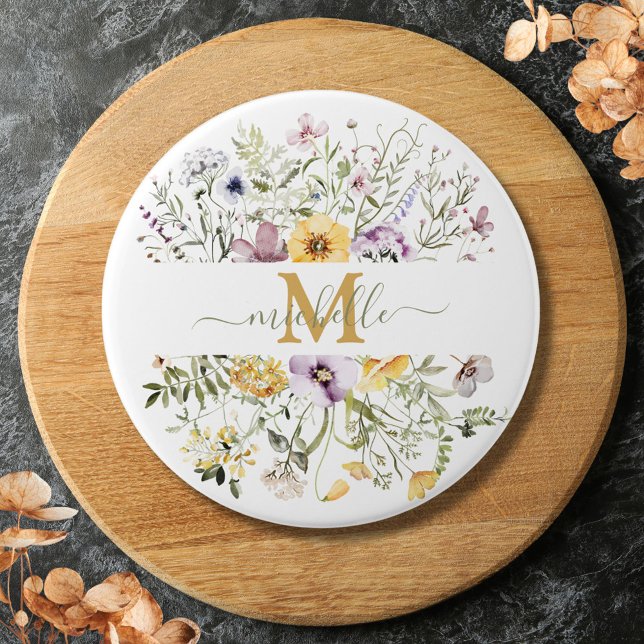 Elegante Monogram Farbenfrohe Wildblume Garten Blu Button (Close up)