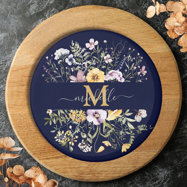 Elegante Monogram Farbenfrohe Wildblume Garten Blu Magnet (Close up)