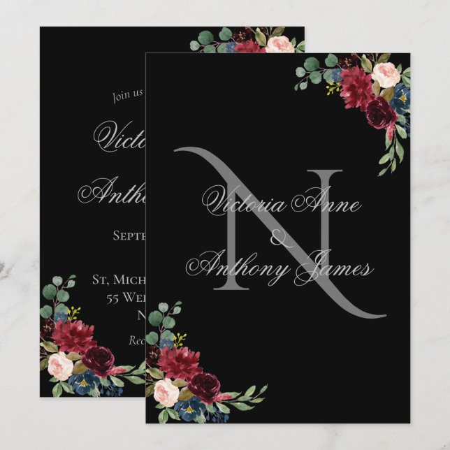 Elegante Monogram Floral Black Wedding Einladung (Vorne/Hinten)