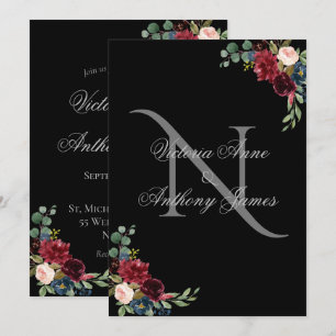 Elegante Monogram Floral Black Wedding Einladung