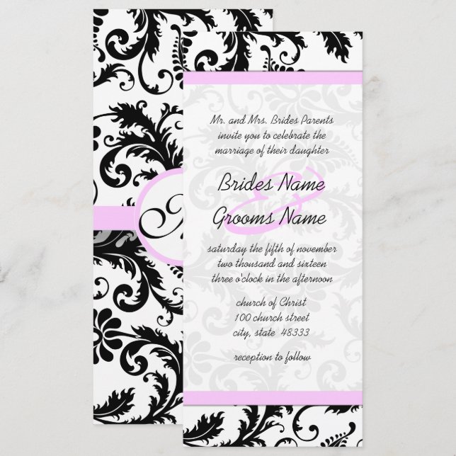 Elegante Monogram Floral Damask Einladung zur Hoch (Vorne/Hinten)