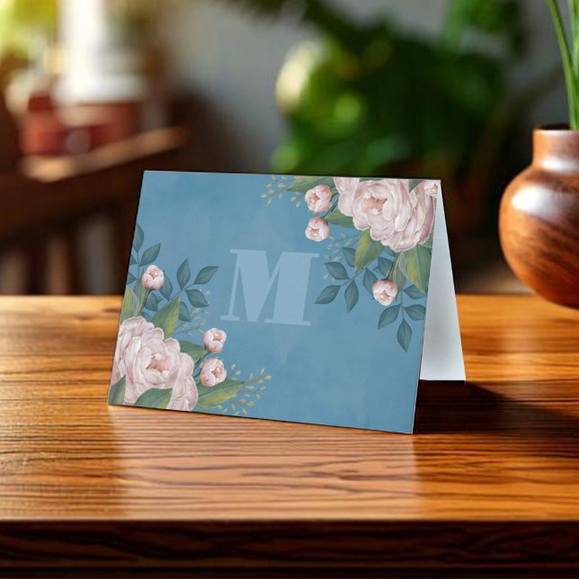 Elegante Monogram Floral Personalisiert (Blue and pink rose floral monogram note card)