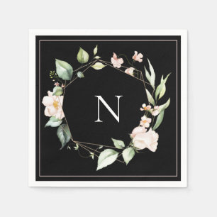 Elegante Monogram Floral Pink Black Wedding Napkin Serviette