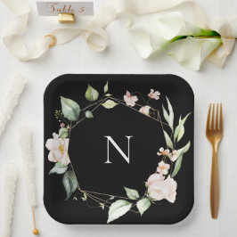 Elegante Monogram Floral Pink Black Wedding Teller