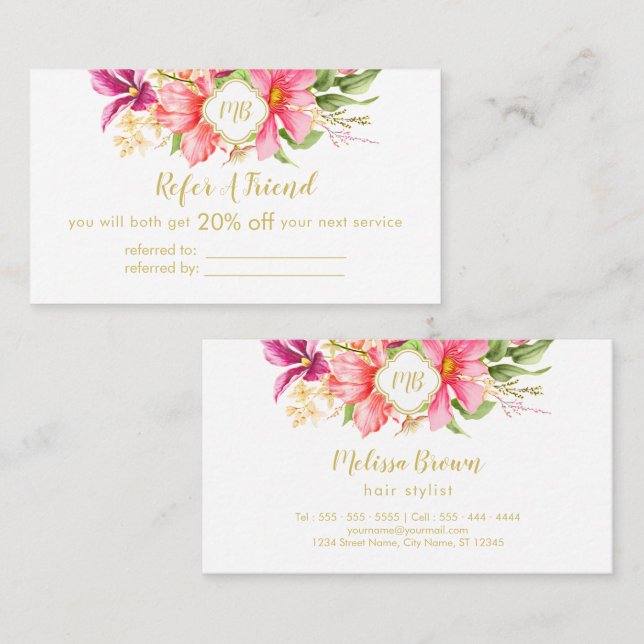 Elegante Monogram Floral Pink Pastel Empfehlungskarte (Vorne/Hinten)