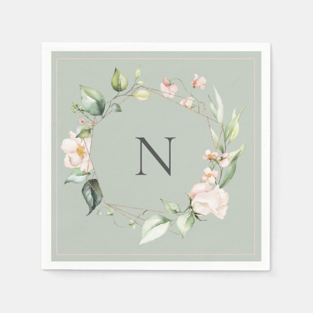 Elegante Monogram Floral Pink Sage Hochzeit Napkin Serviette (Vorderseite)