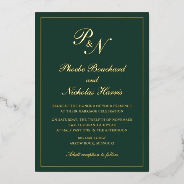 Elegante Monogram Formal Forest Green Wedding Gold Folieneinladung (Vorderseite)