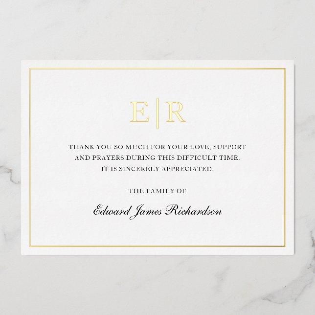 Elegante Monogram Gold Foil Begräbniskarte Dankesc Folieneinladung (Vorderseite)