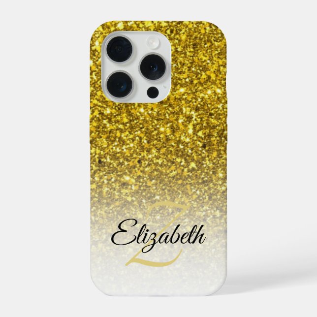 Elegante Monogram Gold Glitzer Ombre Vorname iPhone 15 Pro Hülle (Rückseite)