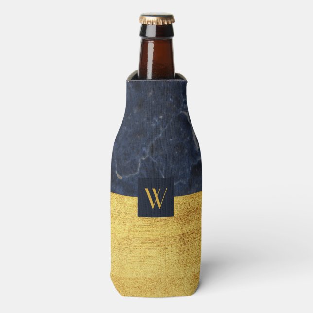 Elegante Monogram Gold-Marmor Flaschenkühler (Flaschenvorderseite)
