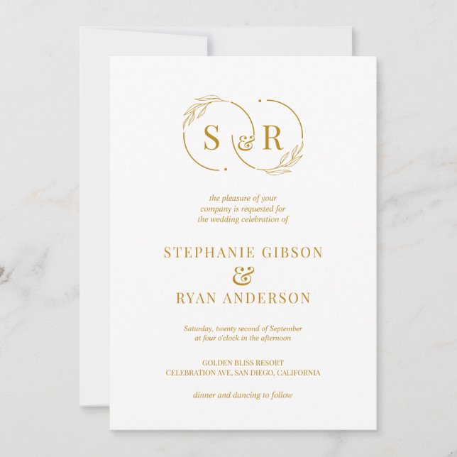 Elegante Monogram Gold Script Moderne Hochzeit Einladung (Vorderseite)