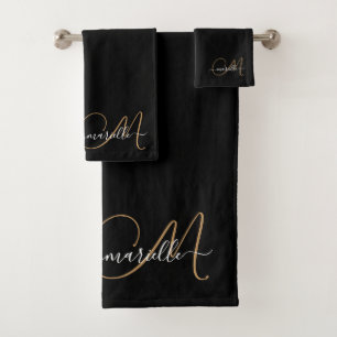 Elegante Monogram Gold Script Name Badhandtuch Set