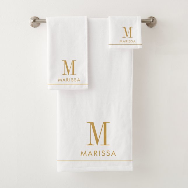 Elegante Monogram Gold Script Name Weiß Badhandtuch Set (Insitu)