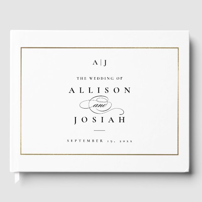 Elegante Monogram Gold Wedding Gästebuch (Vorderseite)