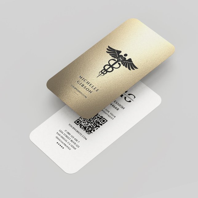 Elegante Monogram Gold White Medical Caduceus Visitenkarte (Elegant Monogram Gold White Medical Caduceus Business Card
)