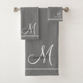 Elegante Monogram, Gray White Script Name Badhandtuch Set