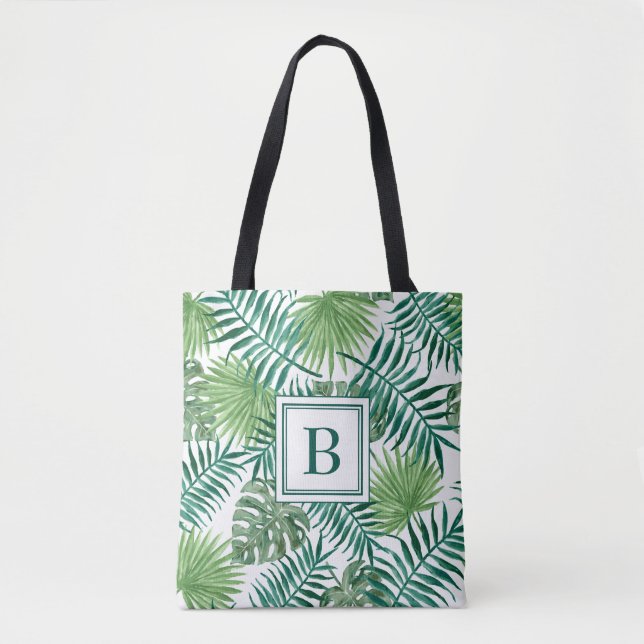 Elegante Monogram Green Botanical Palm Blätter Tasche (Vorderseite)
