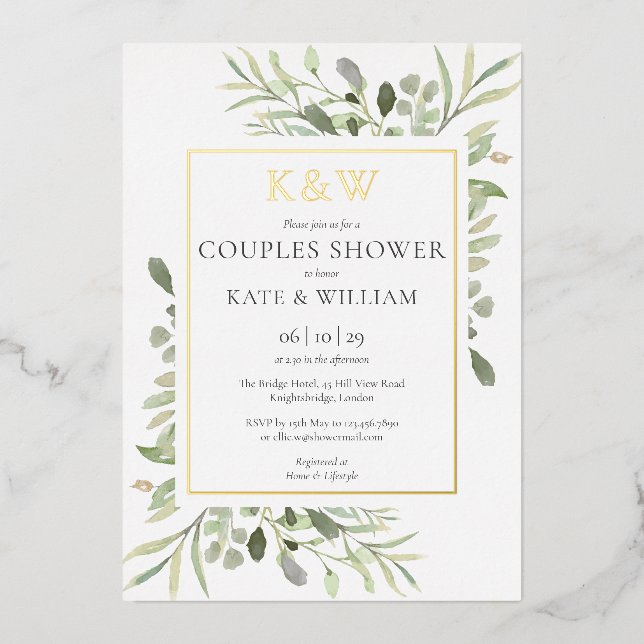 Elegante Monogram Greenerenery Couples Dusche Gold Folieneinladung (Vorderseite)