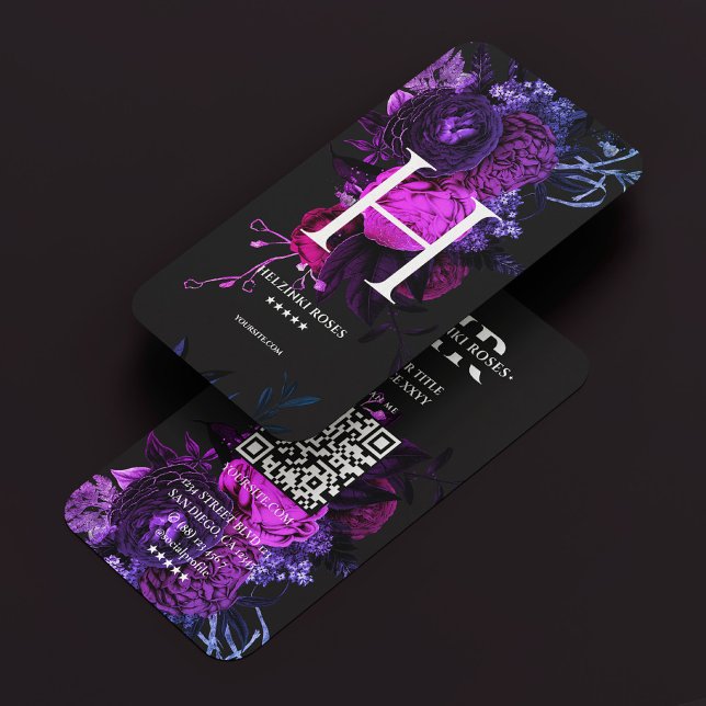 Elegante Monogram H Floral Rose Dark Lila Blue Visitenkarte (Elegant Monogram H Floral Rose Dark Purple Blue Business Card
)
