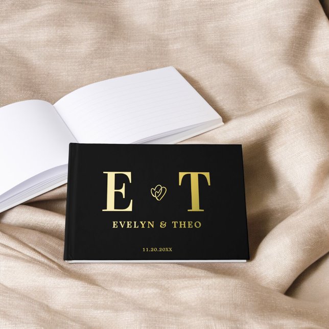 Elegante Monogram Heart Black Wedding Gästebuch (Von Creator hochgeladen)