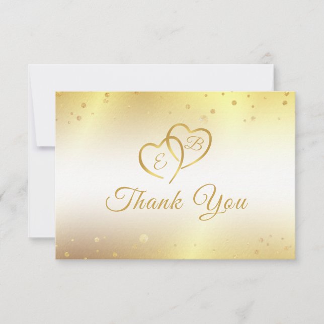 Elegante Monogram Hearts Metallic Gold Vielen Dank Dankeskarte (Vorderseite)