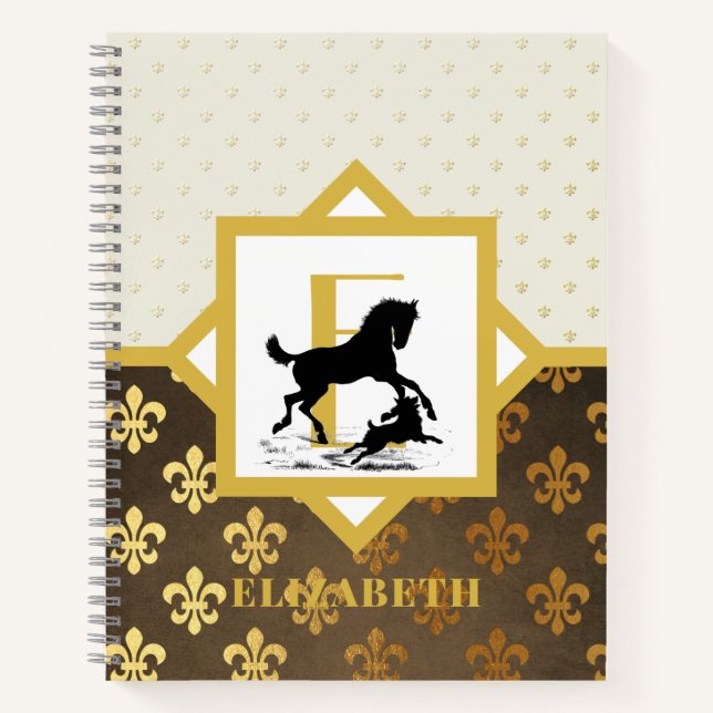 Elegante Monogram Horse Dog Gold Bronze Fleurdelys Notizbuch (Vorderseite)