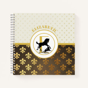 Elegante Monogram Horse Dog Gold Bronze Fleurdelys Notizbuch
