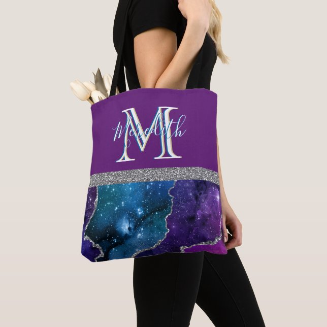 Elegante Monogram I Lila Aquamarin Agate Silver Tasche (Von Nahem)