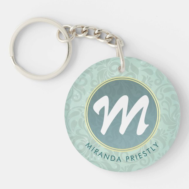 Elegante Monogram Imitate Gold Turquoise Damask Fl Schlüsselanhänger (Vorderseite)
