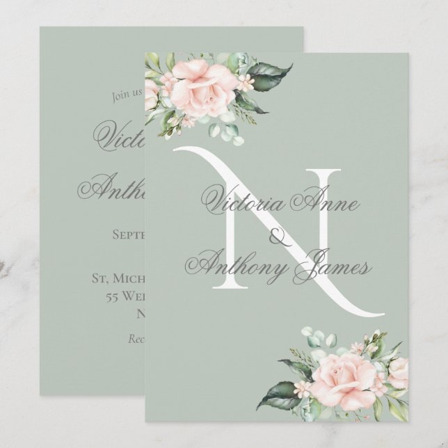 Elegante Monogram Initial Floral Sage Green Weddin Einladung (Vorne/Hinten)