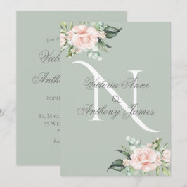 Elegante Monogram Initial Floral Sage Green Weddin Einladung
