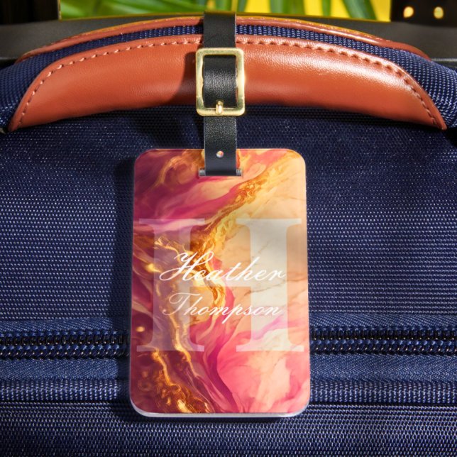 Elegante Monogram, Initial Pink Marbel Luggage Tag Gepäckanhänger (Von Creator hochgeladen)